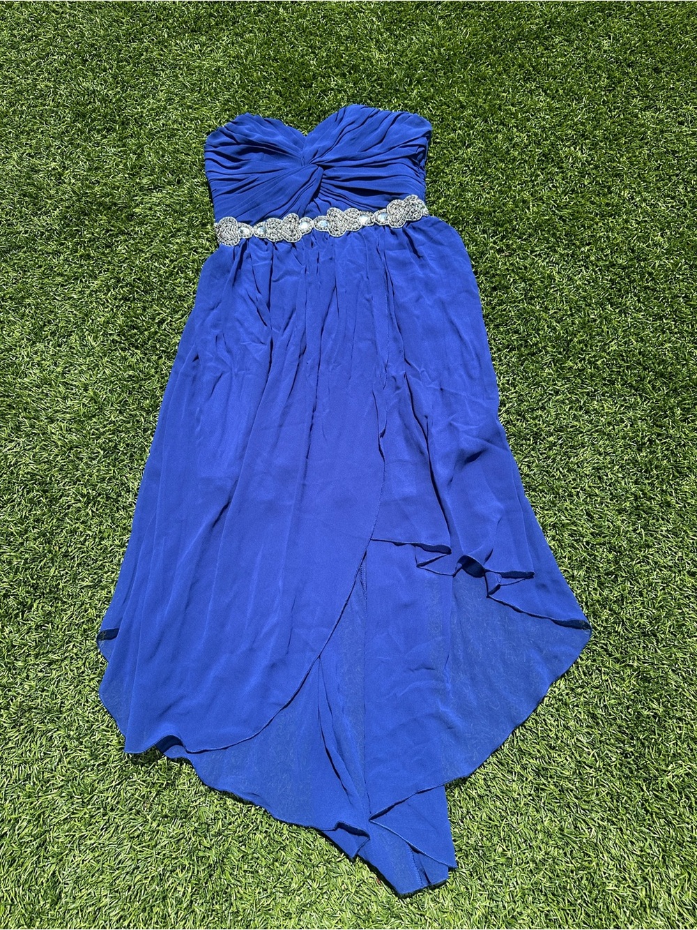 Jodi Kristopher Strapless Cobalt Blue High-Low Chiffon Dress with Beaded Waist